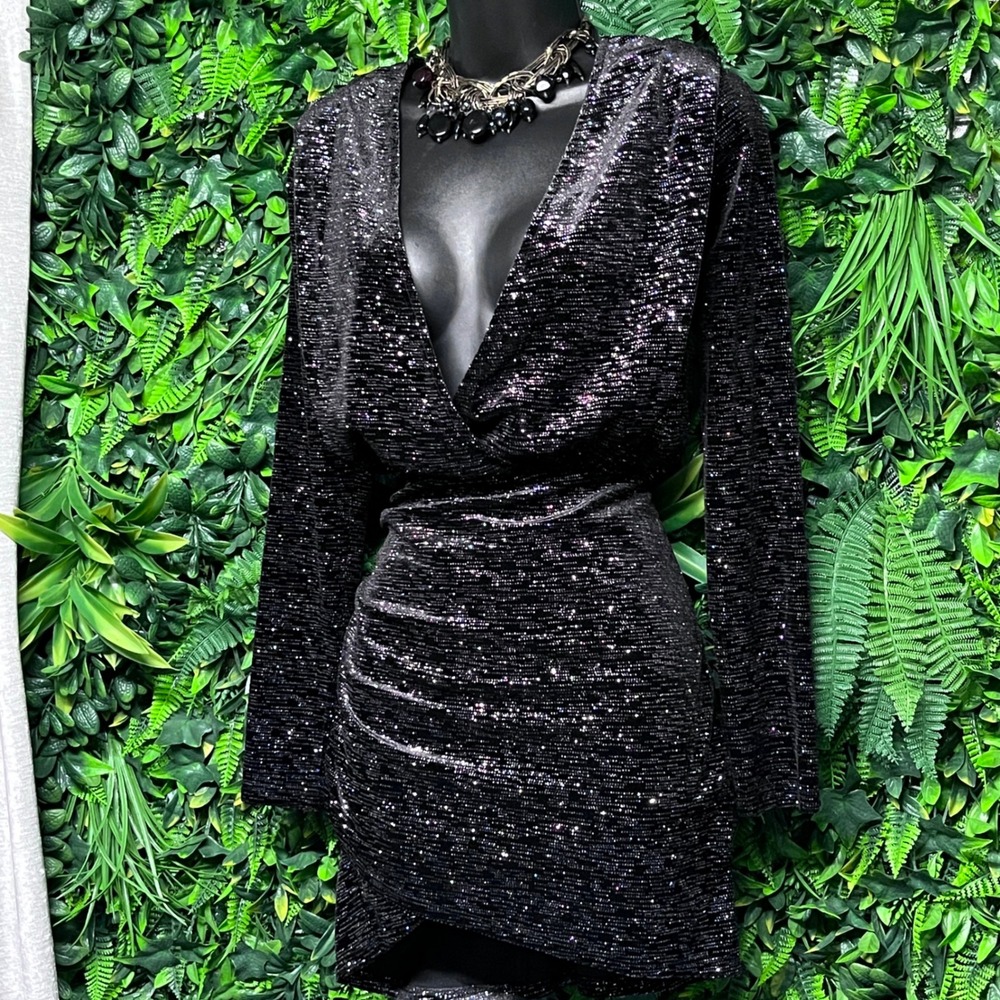 MISA Los Angeles Dress Small Black Glitter Long Sleeve Plunging V-Neck Mini 3878